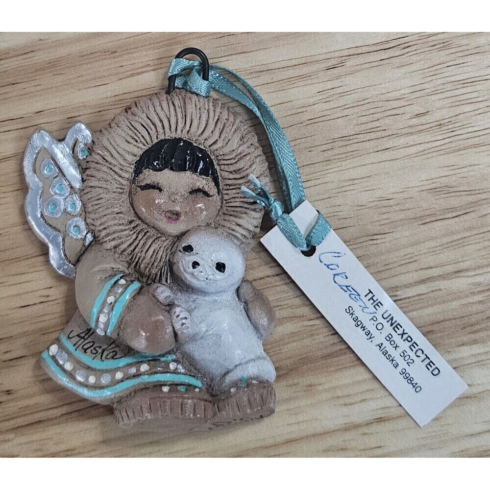 Vtg Eski Angels Alaska Souvenir Handmade Painted Christmas Ornament Eskimo 1991